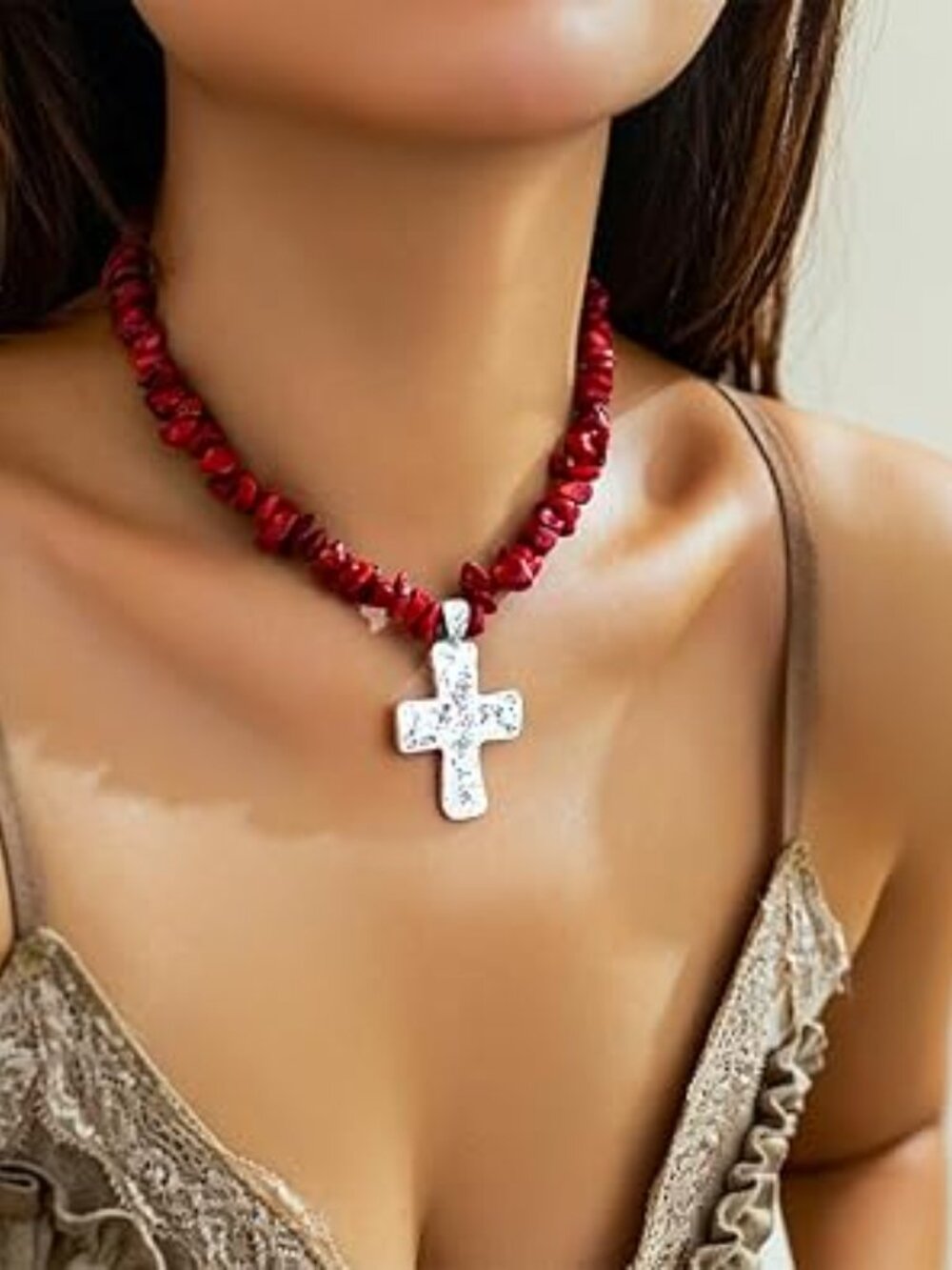 Chunky Silver Cross Necklace with Red Beads Statement Piece New